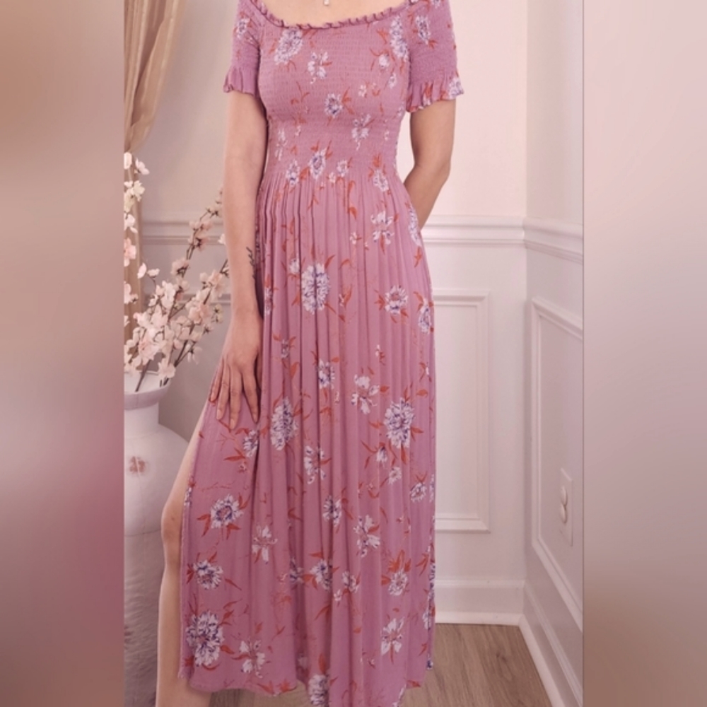 Urban Outfitters Kimchi Blue Picnic Floral Off-The-Shoulder Midi Dress